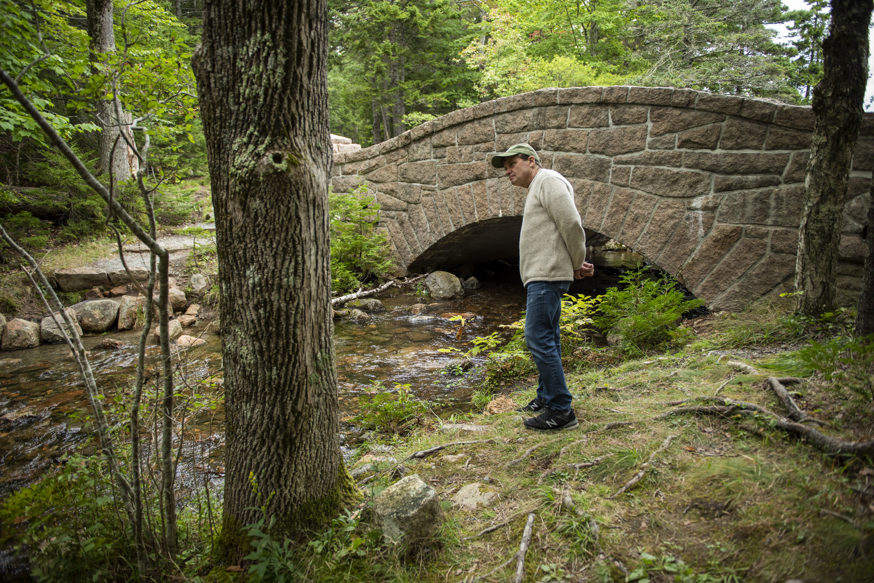 Congressman Mike Quigley stands in a forestscape looking down on a small creek, near a stone bridge