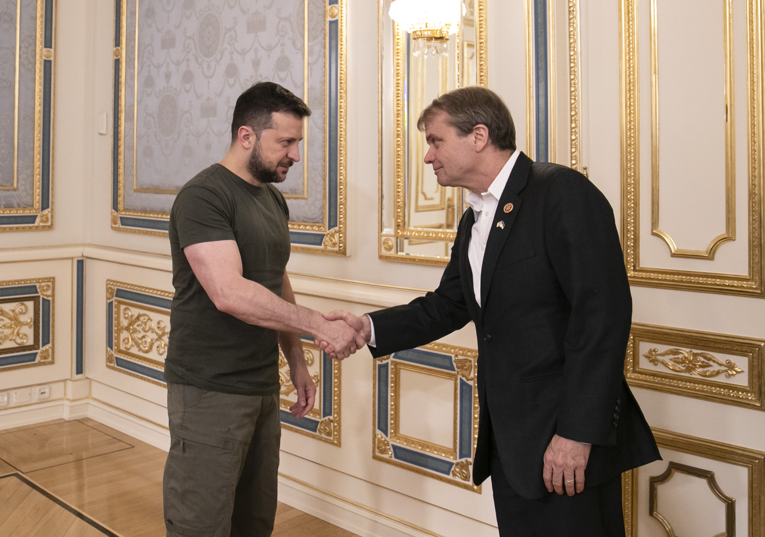 Rep. Mike Quigley in a suit shakes hands with Ukrainian President Volodymyr Zelenskyy, who wears green army pants and a dark green t-shirt. They are standing in an ornately decorated state room.