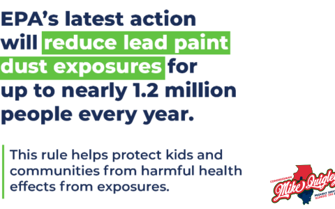 a white square with blue text that reads, "EPA's latest action will reduce lead paint dust exposures for up to nearly 1.2 million people every year. This rule helps protect kids and communities from harmful health effects from exposures."
