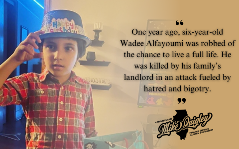 a photo of a young boy wearing a plaid shirt and happy birthday top hat. the boy is wadee alfayoumi. next to his photo is text that says "one year ago, six year old wadee alfayoumi was robbed of the chance to live a full life. he was killed by his family's landlord in an attack fueled by hatred and bigotry."