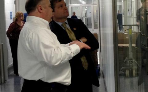Rep. Quigley being led through a tour of the Fresenius Kabi facility in Melrose Park, Illinois by Rick McCleskey, Director of Manufacturing Operations.