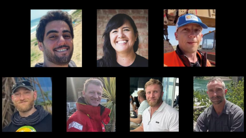 photos of the seven World Central Kitchen workers killed in Israel on a black background