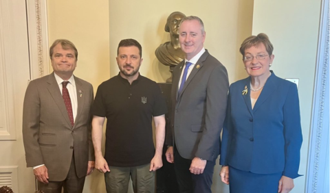 Rep Mike Quigley stands alongside Ukrainian President Volodymyr Zelenskyy n Zelenskyy's other side are Ukrainian Caucus Co-Chairs Reps. Marcy Kaptur and Brian Fitzpatrick