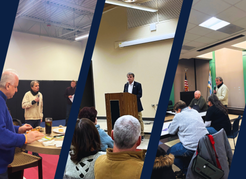 three photos of rep quigley in parallel. in them, he speaks to three different rooms of people