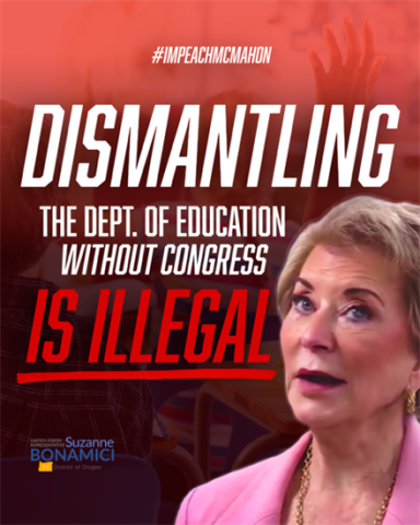 Picture of Education Sec Linda McMahon looking confused with text reading dismantling the department of education is illegal