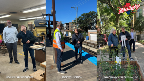 three composite photos of mike in different locations captioned as horner park fieldhouse, rockwell station, graceland west green alleys