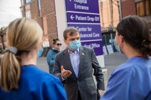 Mike speaking to healthcare workers during the pandemic.