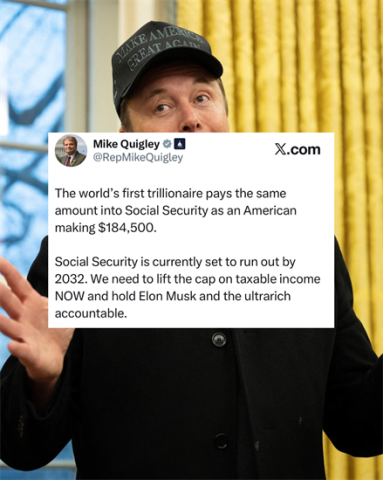 Photo of Elon Musk with a tweet overlay from Mike Quigley about billionaire social security contributions 