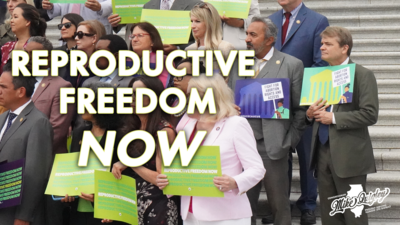 Quigley stands on the Capitol steps holding a sign that says "Fight for abortion rights and access"