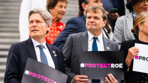 Rep Quigley stands on the steps of the US Capitol holding a ProtectRoe sign surrounded by other members holding signs