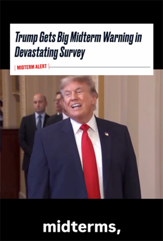 Trump smiles while headline reads Trump gets big midterm warning