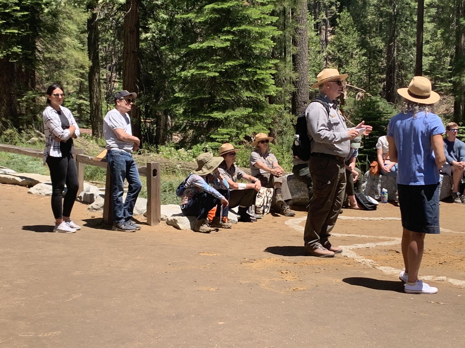 A group stands around a dirt path with massive reddish trees in the background