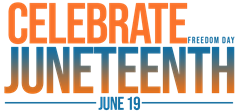 graphic reading celebrate juneteenth in orange and blue text