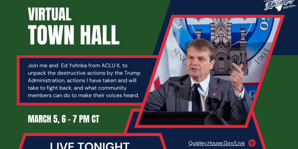 a blue, red, and green graphic advertising rep mike quigley's town hall