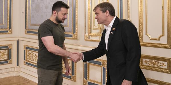 Rep. Mike Quigley in a suit shakes hands with Ukrainian President Volodymyr Zelenskyy, who wears green army pants and a dark green t  shirt. They are standing in an ornately decorated state room.