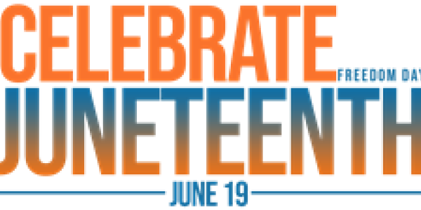 graphic reading celebrate juneteenth in orange and blue text